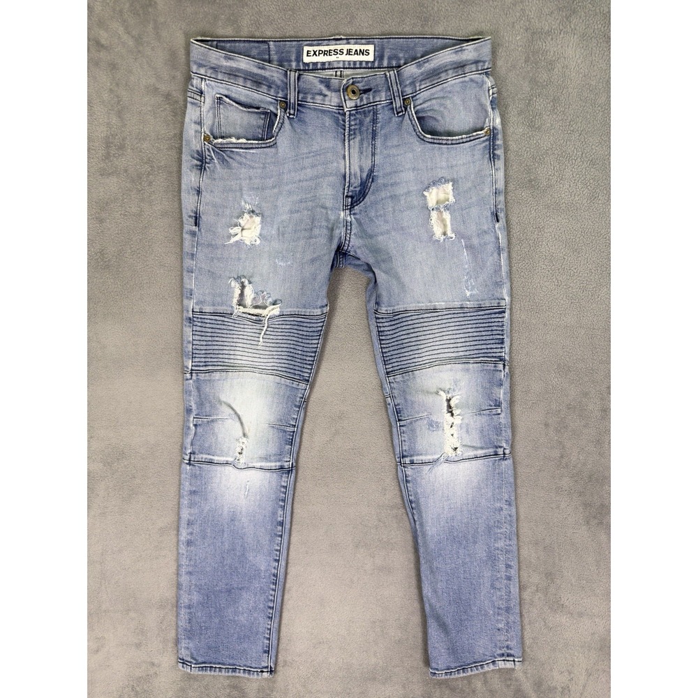 Express Jeans Mens 29x30 Blue Slim Skinny Rocco‎ Thrashed Distressed Denim Moto